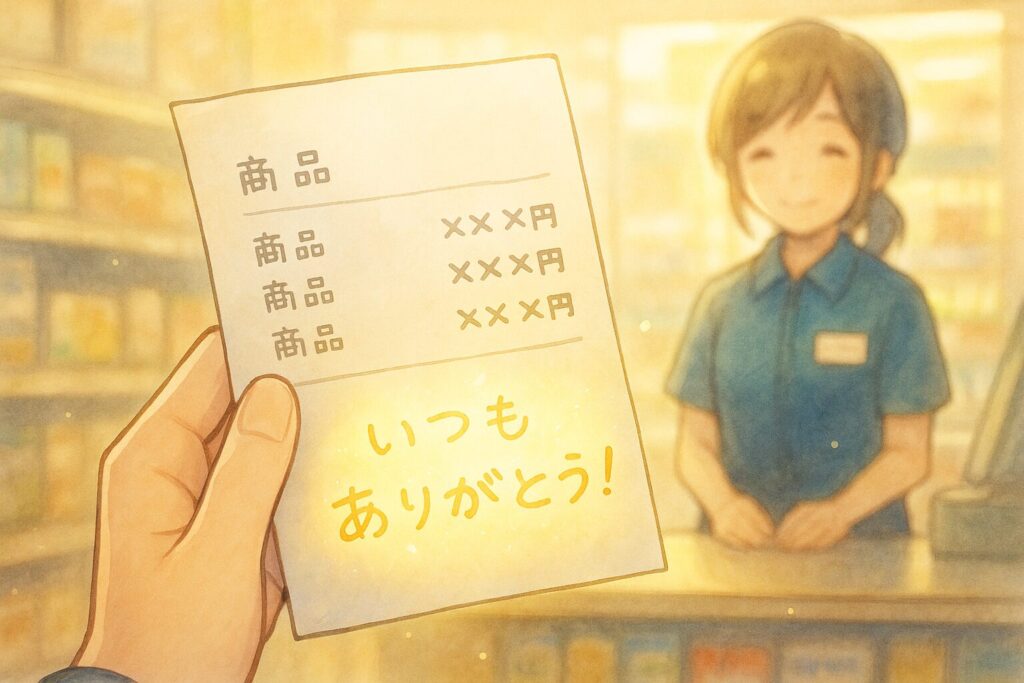 会計を終えた大雅の手元にあるレシートのクローズアップ。購入品リストの下に、手書き風の温かい文字で「いつもありがとう!」と書かれて光っている。