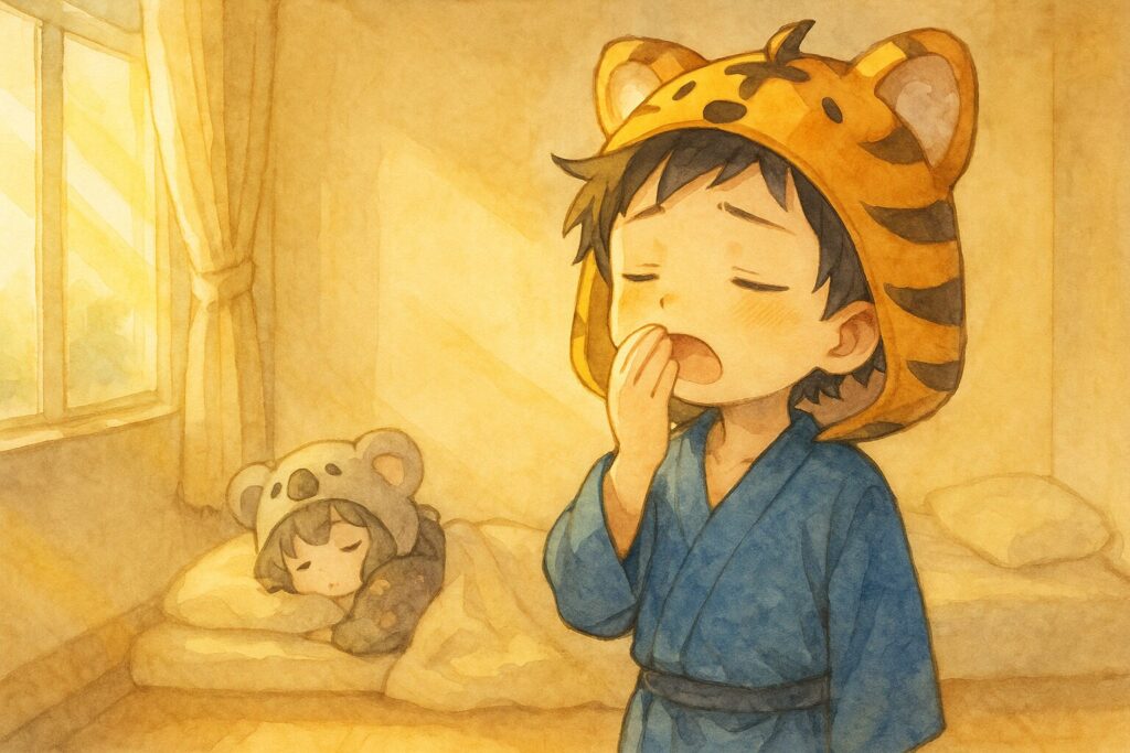 部屋に柔らかい朝の光が差し込んでいる。窓辺に立つ大雅くんは、少し眠そうにあくびをしつつも、カーテンを開けて新しい一日が始まるのを感じているような、少しぼんやりとした期待感のある表情。遠景には心愛ちゃんがまだ布団で丸まっている姿が小さく見えると可愛いかも!
