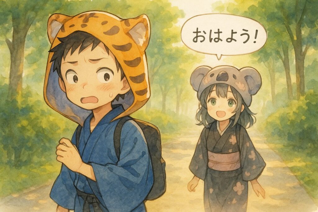 通学路。最初は少し距離を置いて歩いている大雅くんと心愛ちゃん。心愛ちゃんが勇気を出して「おはよ!」と声をかけ、大雅くんがそれに気づいて少し驚きつつも、ふっと表情が和らぐ瞬間。二人の間にあった見えない壁が少しだけ溶けるようなイメージ。