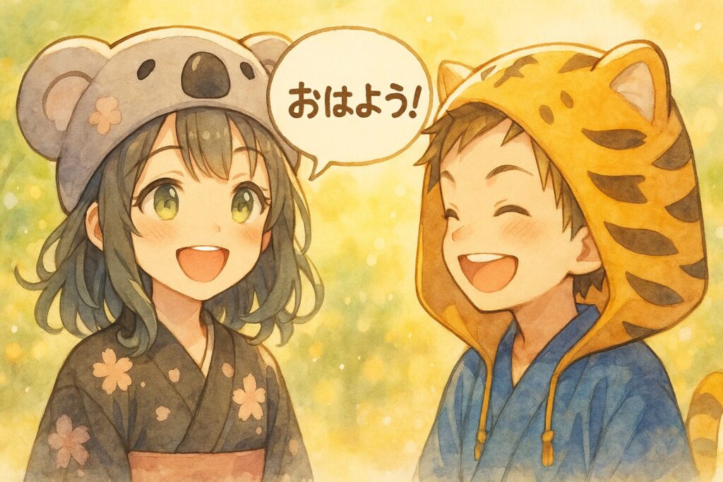 今度は心愛ちゃんが、太陽みたいなとびっきりの笑顔で大雅くんに「おはよう!」と挨拶している。その笑顔につられて、大雅くんも自然と笑顔になっている。背景はキラキラした光があふれていて、温かい雰囲気を強調。