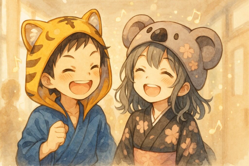 「おはよう!今日はいい天気だね!」「うん、気持ちいいね!」みたいに、挨拶から自然な会話が生まれ、楽しそうに笑い合っている大雅くんと心愛ちゃん。二人の周りには、音符や小さなキラキラが舞っているような、ウキウキする感じ。