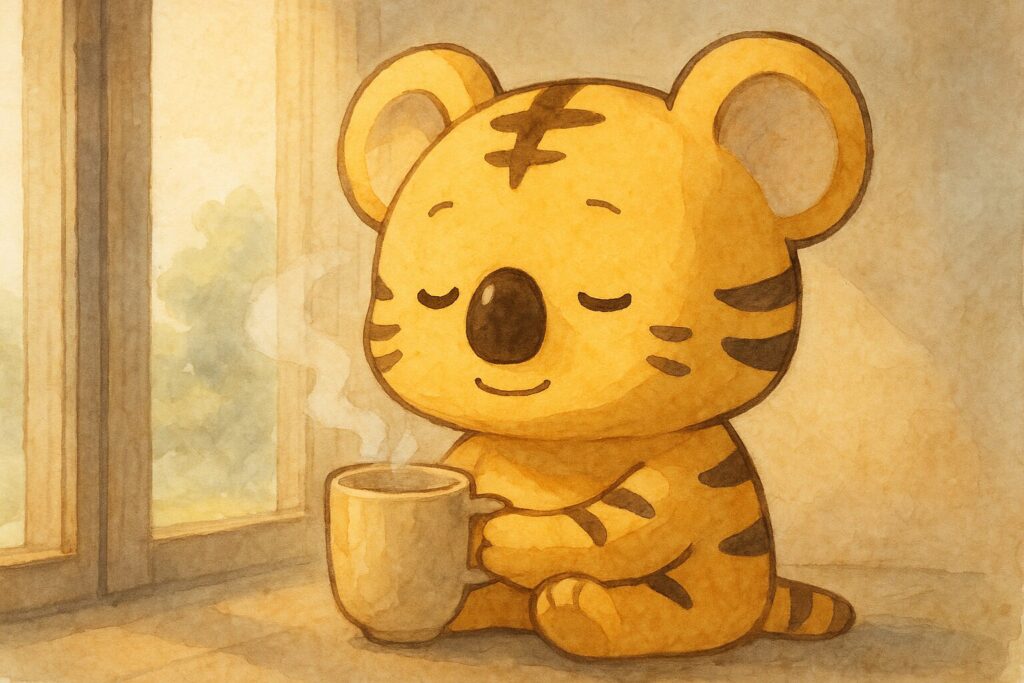 秋色が一人、窓辺に佇み、少し反省するように、でも優しく穏やかな表情で目を閉じている。手には温かい湯気の立つマグカップを持っているとかも良いかも。背景は落ち着いた朝の風景。