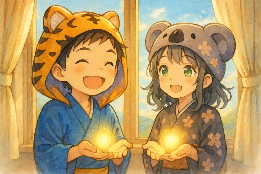 最初の「朝の光」を浴びていた窓辺で、今度は大雅くんと心愛ちゃんが二人並んで、晴れやかな笑顔で外を見ている。二人の手には、小さなお守りみたいな「温かい光の玉」がそれぞれ輝いている(これまでの挨拶で育まれた心の温かさの象徴)。清々しい青空が広がっている。