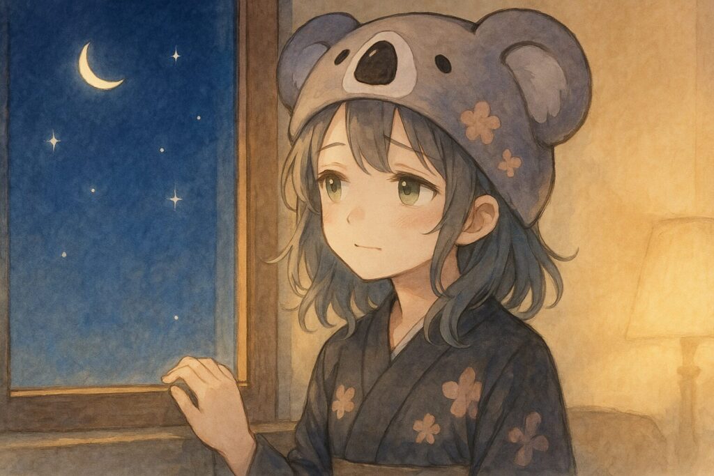 心愛が窓から夜空を見上げ、少し寂しげながらもどこかホッとした表情。部屋には柔らかい間接照明がついている。窓の外には三日月といくつかの星が輝いている(モチーフ:星空のはじまり)