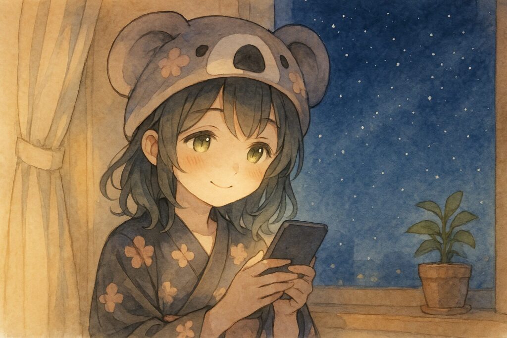 心愛がスマホを持ち、嬉しそうに微笑んでいる。スマホの画面には「おやすみ🌙」というメッセージと、流れ星のスタンプがうっすら見える(具体的な文字は見えなくてOK)。背景には星空が広がり、窓辺には小さな観葉植物。