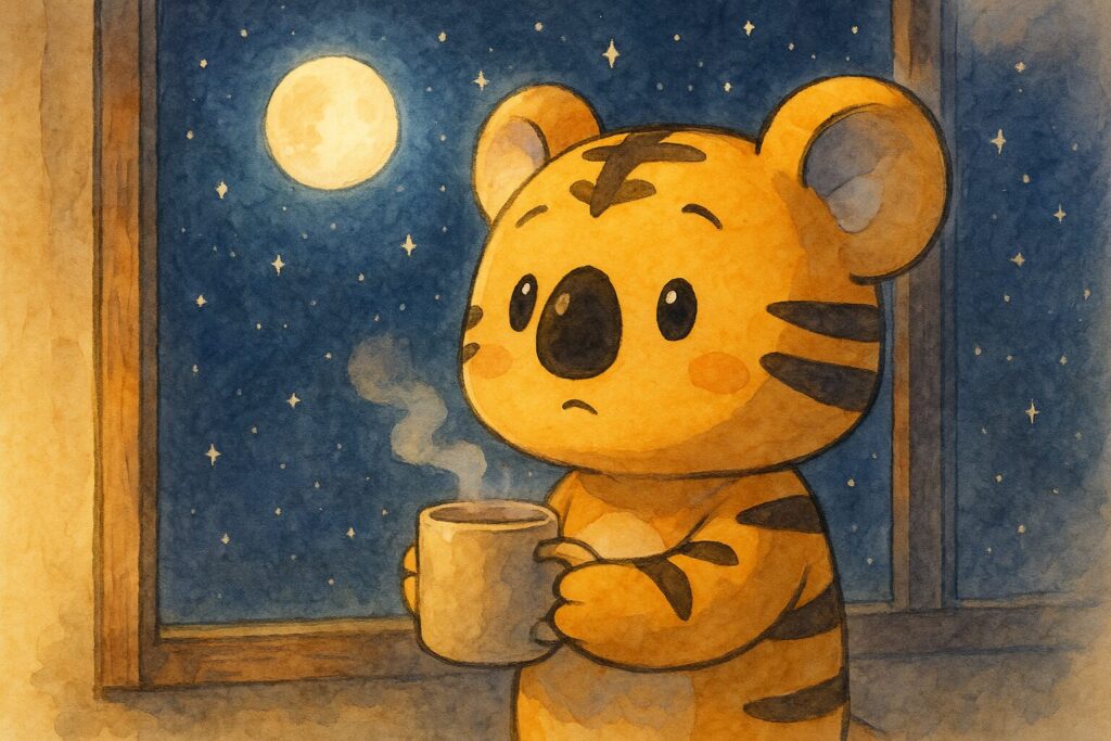 秋色が一人、少し考え込むような、でも優しい表情で窓の外の星空(満月に近い月とたくさんの星々)を見つめている。手には温かい飲み物の入ったマグカップを持っている。読者に「どうしたら気持ちを込められるかな」と問いかけるような雰囲気。