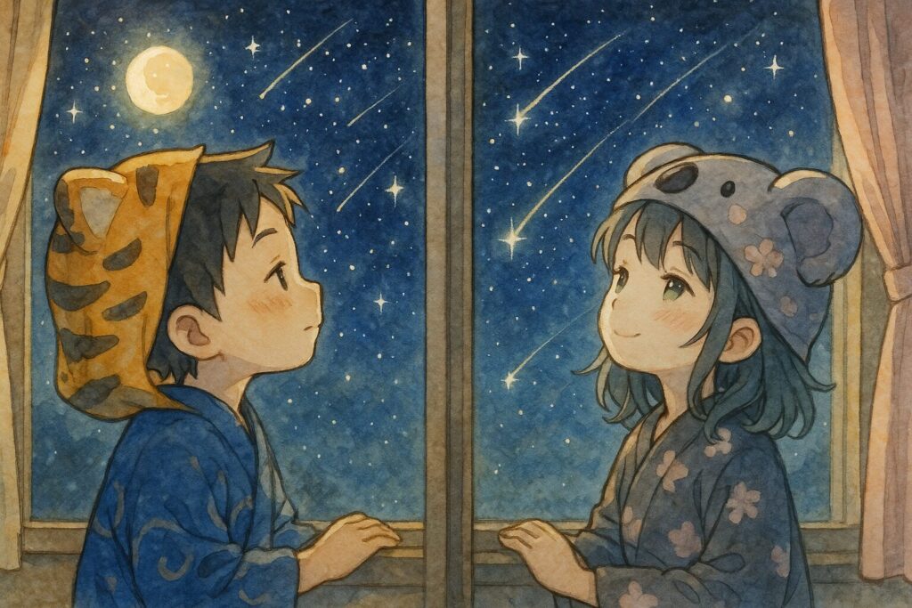 記事全体のテーマである「おやすみなさい」を通じて得られる心の安らぎや人との温かいつながりを、美しい星空の下で眠りにつく二人の姿で象徴的に表現し、読者に穏やかな余韻を残す。伏線を回収し、感動的な締めくくりを演出する。
