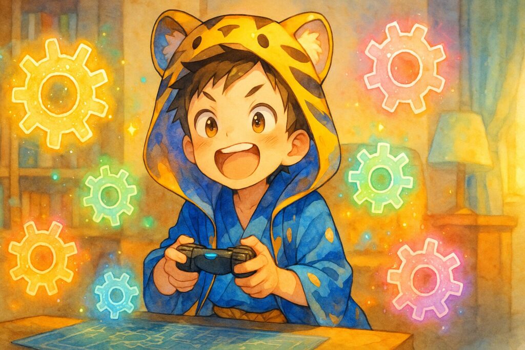 部屋の中で、大雅がワクワクした表情でゲームコントローラーを握っている。画面からはカラフルな光の歯車が飛び出しているイメージ。