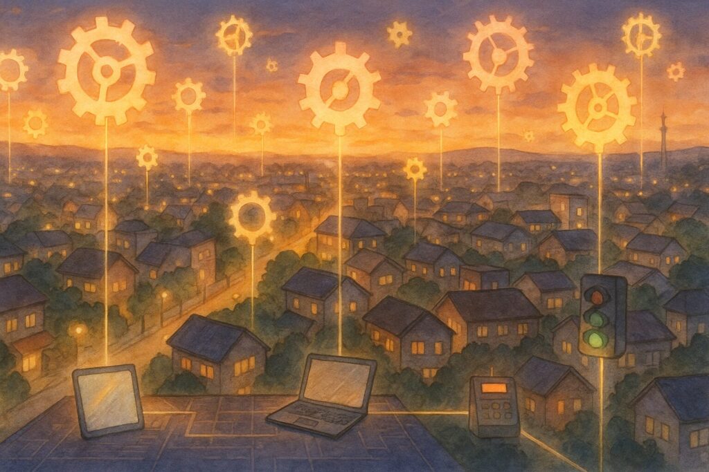 街の風景の上空に、たくさんの光の歯車が浮かび、それぞれがスマホやPC、お店のレジなどと光の線で繋がっている様子。