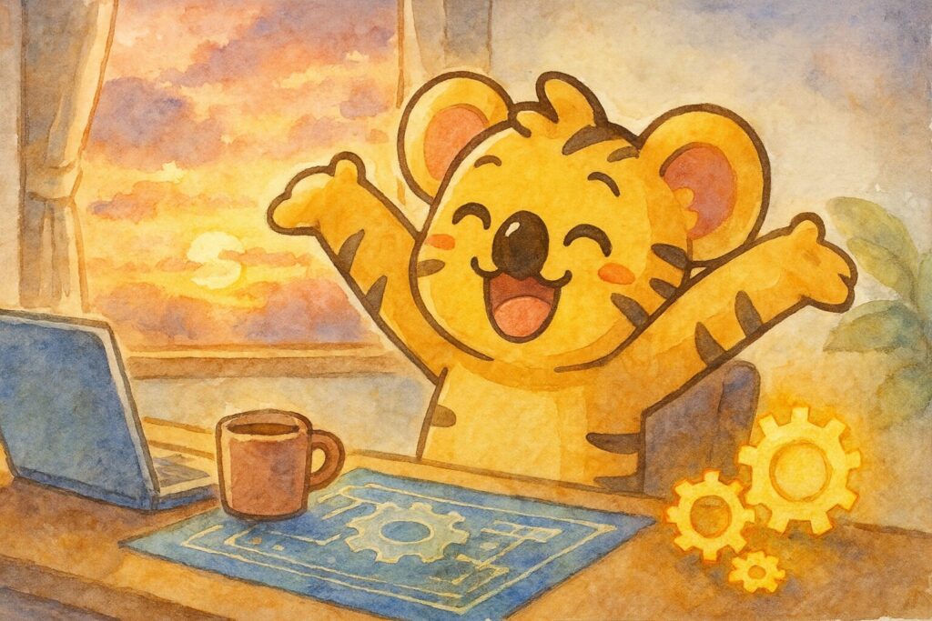 窓の外の夕日を見ながら、マグカップを片手に伸びをする秋色。机の上にはPCと設計図、そしていくつかの光る歯車が置かれている。