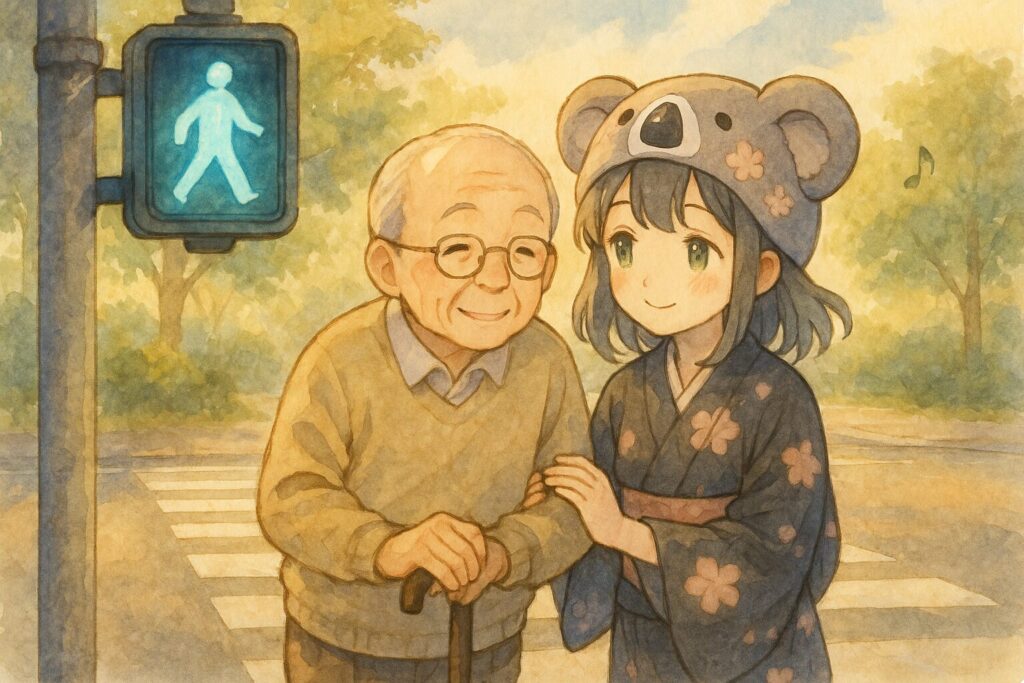 歩行者用信号が青になり、おじいさんの手を引いて安心して横断歩道を渡る心愛。二人の上では、「進め」のピクトグラムが優しく輝いている。