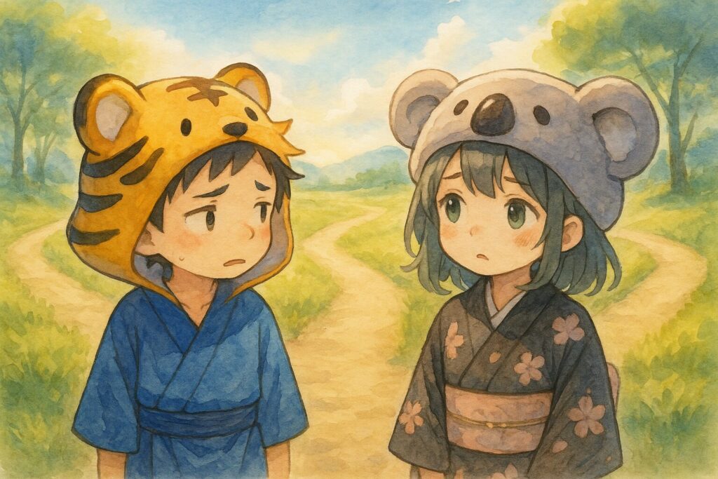 明るい日差しの中、大雅くんと心愛ちゃんが少し困った顔をしながらも、希望を持って何かを見つめているような雰囲気。背景には道の分岐点が見えるような構図で、「どっちに進むんだろう?」という迷いと、「これから何かいいことがありそう!」という期待感を表現。