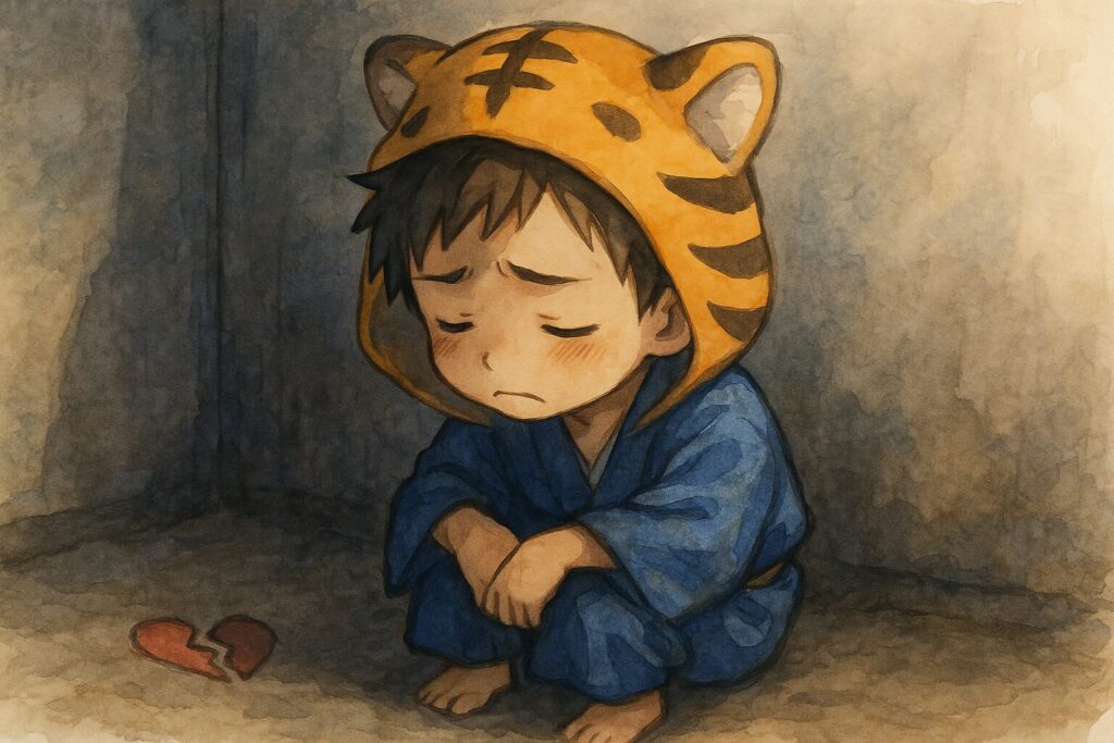 大雅くんが、誰かに怒鳴られた後、一人でしょんぼりしている姿。少し暗めの背景で、孤独感や悲しさを表現。顔は少し俯き加減で、落ち込んでいる様子が伝わるように。大雅くんのそばに、割れたハートマークのモチーフが小さく描かれていると、傷ついた心を暗示できて良いかも。