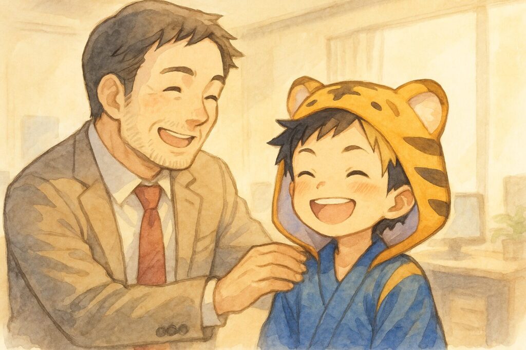 誰か(上司や先輩など)が、もう一人(部下や後輩など)の肩をポンと叩きながら、笑顔で何かを伝えているシーン。伝えられている側は、最初は不安そうな顔をしているが、褒められたことでパッと表情が明るくなる。背景はオフィスや作業スペースなど、具体的な場面を想像させるもの。良い点を認められたことで、「よし、頑張ろう!」という前向きな気持ちが伝わるように。
