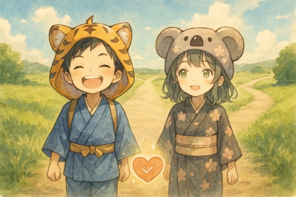 大雅くんと心愛ちゃんが、笑顔で並んで歩いている。背景には、以前の画像でモチーフとして使った「道の分岐点」が見えるが、今度は迷いなく一つの道を選んで進んでいる。空は晴れやかで、二人の足元には、以前大雅くんのそばにあった「割れたハートマーク」が修復され、キラキラと輝いている。または、二人が「心の洗濯」をしてスッキリしたような、晴れやかな表情。