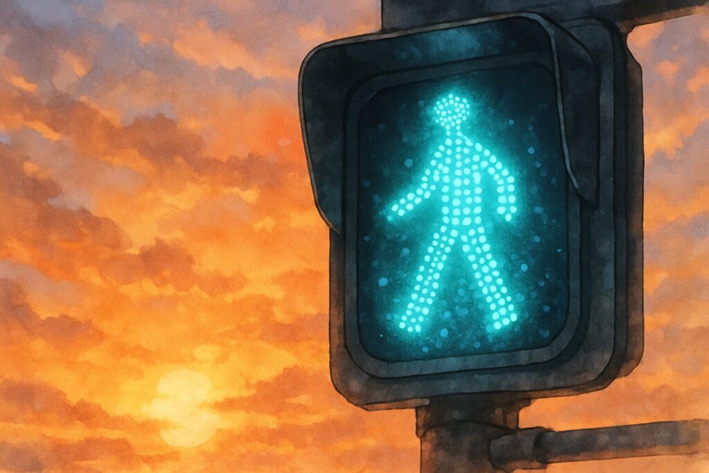 夕方の逆光の中でも、LED信号機が明るく、はっきりと青く光っている。その光の粒の一つ一つがキラキラと輝き、遠くからでも見やすいことを表現。