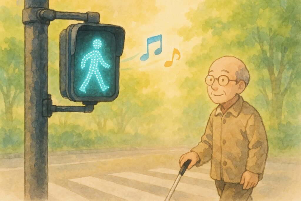 音響式信号機から音符マーク（♪）が飛び出し、青信号のピクトグラムと一緒に描かれている。その下を、白杖を持った人が安心して渡っている。