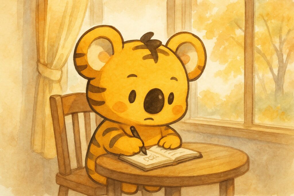 秋色が一人、窓辺に座って手帳かノートに何かを書き込んでいる。表情は穏やかで、内省しているような雰囲気。窓の外には柔らかな光が差し込んでいる。