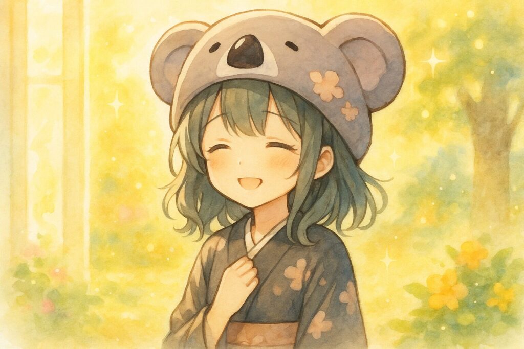 心愛ちゃんが、以前は困っていた相手に対して、毅然とした態度で、でも笑顔で「ごめんね」と断っているようなシーン。相手の姿は描かず、心愛ちゃんのスッキリした表情と、彼女の周りに安心感のあるオーラや光が描かれている。