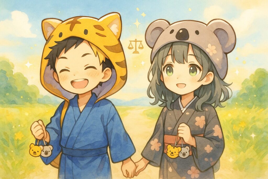 大雅くんと心愛ちゃんが、少し距離のあった場所から、晴れやかな表情で一緒に前を向いて歩き出している。背景には、これまでの画像で使ったモチーフ(バランスの取れた天秤、光など)が小さく輝いている。二人の手には、新しい関係性や心の平穏を象徴するような小さなアイテム(お揃いのキーホルダー)を持っている。
