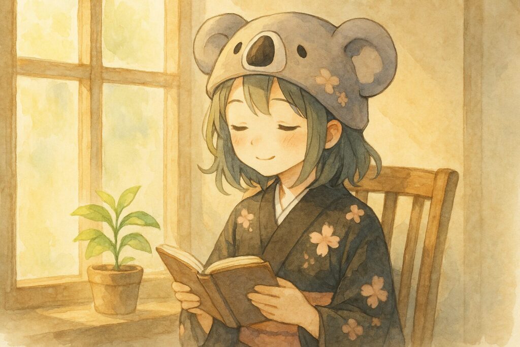 心愛が窓辺に座り、柔らかな光の中で静かに本を読んでいる。傍らには小さな観葉植物。穏やかで満たされた表情。モチーフとして「窓」と「植物」を配置。