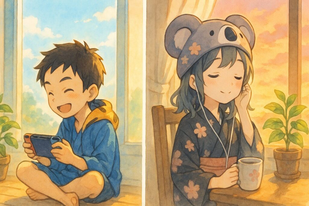 画面を左右に分割。左側では大雅が窓辺で好きなゲームに集中(でも表情は晴れやか)、右側では心愛が窓辺でイヤホンをして音楽を聴きながら穏やかに微笑んでいる。それぞれの窓の外には美しい景色(青空や夕焼けなど)。そして、二人それぞれの傍には、さらに成長した【画像案1、4】の植物が置かれ、モチーフだった「窓」と「植物(成長・豊かさ)」を回収。
