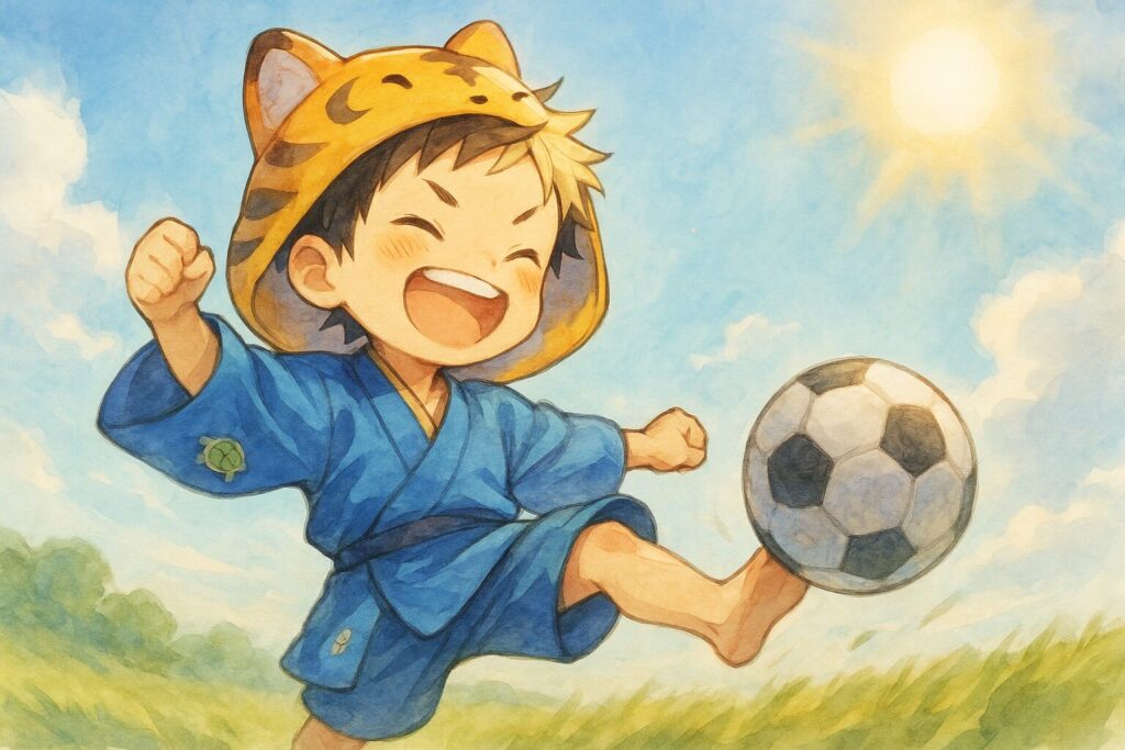 「よく動き、よく食べる」ことの元気さを表現。大雅くんが太陽の下で元気にスポーツ(例:サッカーボールを蹴っている瞬間や、美味しそうにおにぎりを頬張る姿など、どちらか一つまたは組み合わせ)をしている。表情は活き活きとしていて、健康的。背景には青空と太陽。大雅くんのTシャツに小さな亀のマーク(モチーフの変化)。