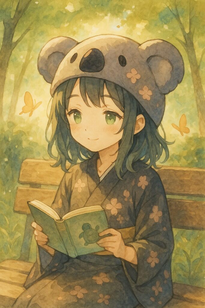 「学び」と「遊び」の充実感と、それがもたらす心の豊かさを表現。心愛ちゃんが公園のベンチで楽しそうに本を読んでいる。周りには蝶が飛んでいたり、木漏れ日がキラキラしていたりする穏やかで幸せな雰囲気。心愛ちゃんが持っている本に亀のしおり(モチーフの変化)。