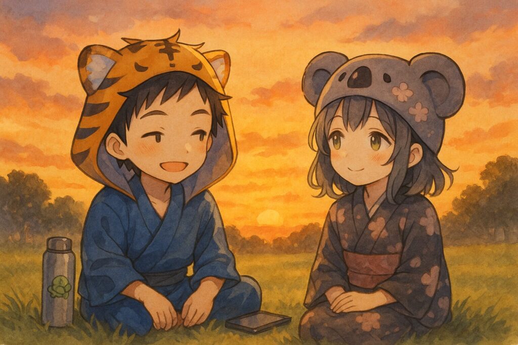 デジタルデトックスの重要性を示唆するシーン。大雅くんと心愛ちゃんが、夕焼け空の下、公園の芝生に座ってスマホから顔を上げ、遠くの景色を眺めながら話している。二人の間には、そっと置かれたスマホ(画面はオフ)がある。二人の傍に置かれた水筒に亀のステッカー(モチーフの変化)。