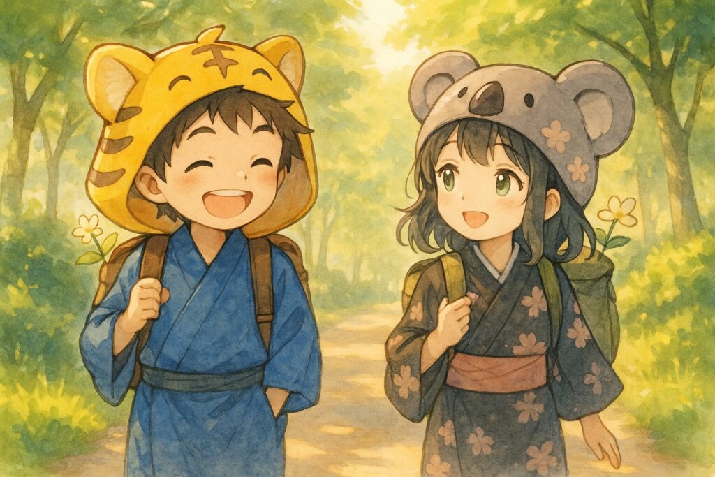大雅くんと心愛ちゃんが、以前よりもずっと軽くなったそれぞれのリュックを背負って、明るい日差しが差し込む道を笑顔で一緒に歩いている。リュックからは、画像5で秋色さんのリュックから顔を出していた双葉が、少し成長して小さな花を咲かせているのが見える。