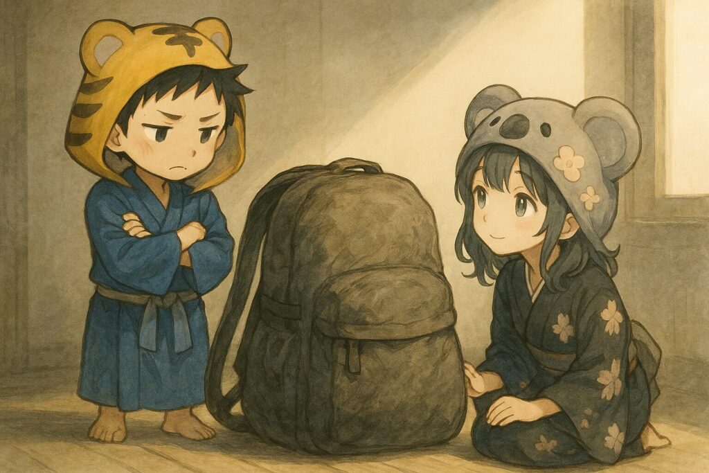 大雅くんと心愛ちゃんが、パンパンに膨らんだ大きなリュック(期待の象徴)を目の前にして、ちょっと困惑しているような、それでいて中身が気になるような表情。リュックは少し重たそうに見える色味で。