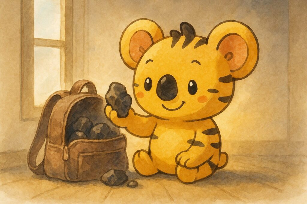 秋色が、少し古びたリュックのチャックをそっと開けて、中からゴツゴツした石(執着や過度な期待の象徴)をいくつか取り出そうとしている横顔。表情は少し吹っ切れたような、穏やかな感じ。背景は少し明るく。