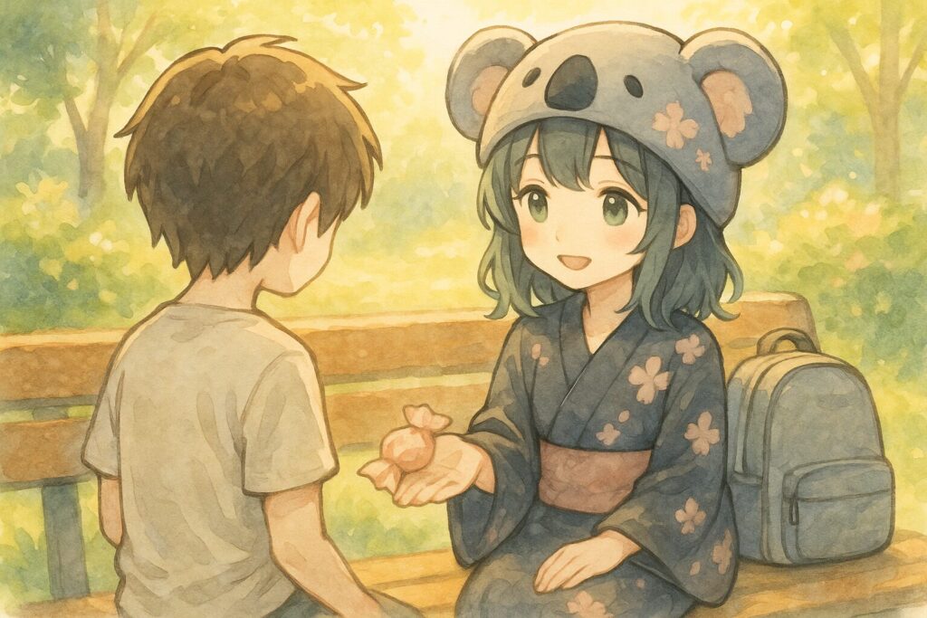 心愛ちゃんが、自分のリュックから可愛らしいお菓子(思いやりや優しさの象徴)を取り出して、友達(後ろ姿や手元だけでもOK)に「どうぞ」と差し出している。心愛ちゃんの表情はにっこり笑顔。リュックは少しスリムになっている。