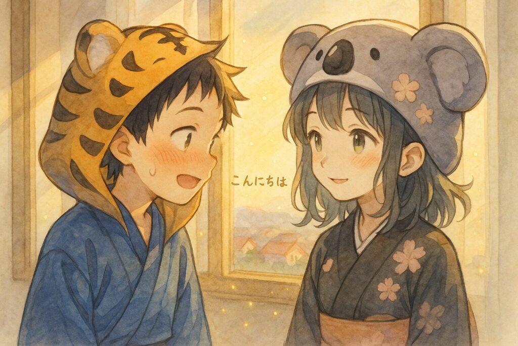 朝の柔らかな日差しが部屋に差し込み、大雅と心愛が窓の外を眺めている。ふと目が合い、少し照れくさそうに、でも嬉しそうに「こんにちは」と言い合っている瞬間。二人の間にキラキラと温かい光の粒子が舞っているイメージ。