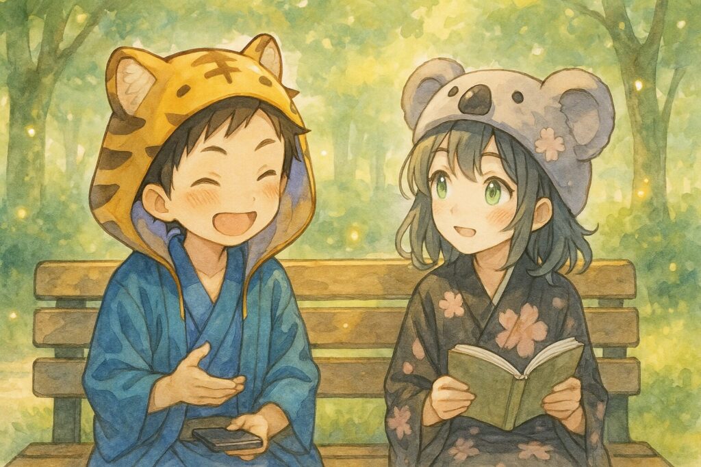 公園のベンチで、少し離れて座っている大雅と心愛。大雅がスマホから顔を上げ、読書中の心愛に気づき、「こんにちは」と声をかける。心愛は少し驚いたように顔を上げ、やがてふんわりと微笑む。二人の間の見えない壁が少し溶けていくような、優しい木漏れ日が二人を照らしている感じ。
