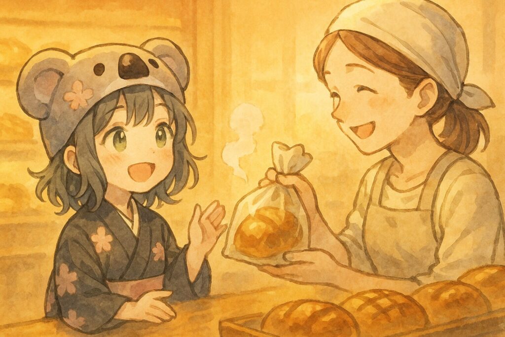 パン屋さんで、笑顔が素敵な店員さん(オリジナルキャラ)から、ほかほかのパンを受け取る心愛。心愛もニッコリ笑顔で「こんにちは!」と挨拶している。パン自体もキラキラと輝いて見えるような、温かいオレンジ系の照明。