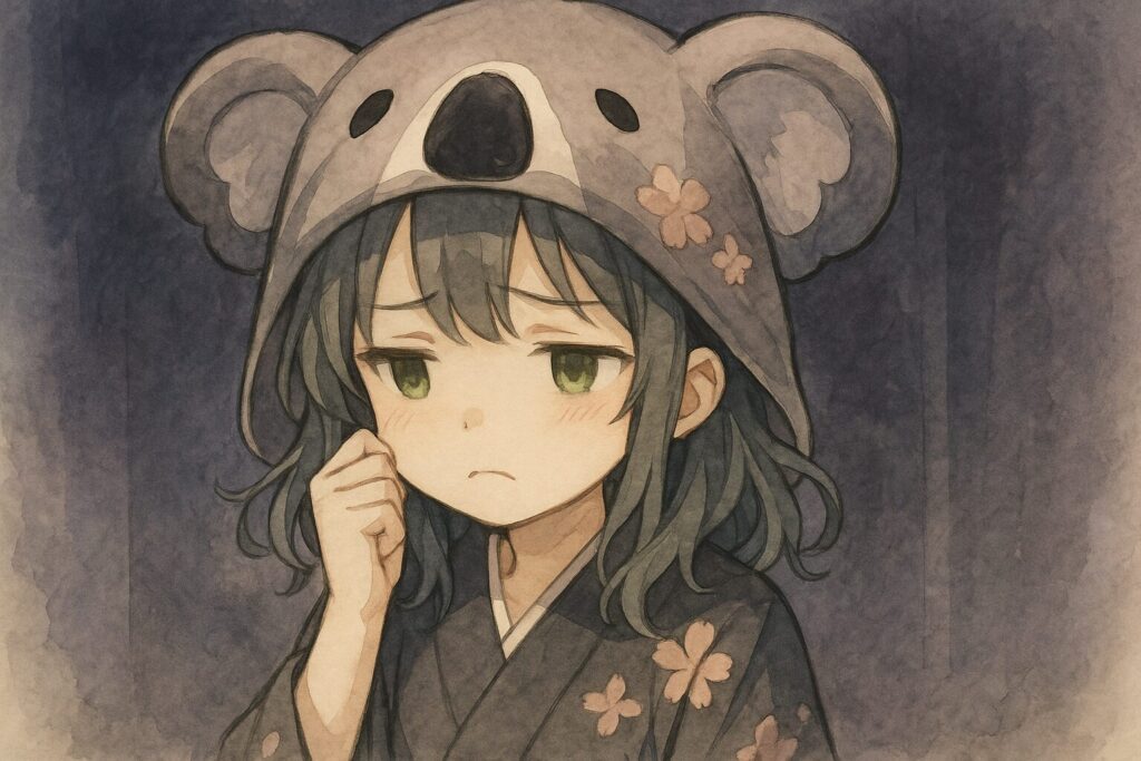 困ったような、少し申し訳なさそうな表情で、何かを頼まれて「うーん…」と悩んでいる心愛ちゃん。背景は少し暗めで、心愛ちゃんの心象風景を表すような感じ。