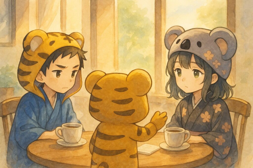 明るい日差しが差し込むカフェのような場所で、テーブルを挟んで座る大雅くんと心愛ちゃんに、秋色さんが笑顔で何かを説明している様子。秋色さんは優しい表情で、大雅くんと心愛ちゃんは真剣な表情で聞いている。机の上にはコーヒーカップなど。