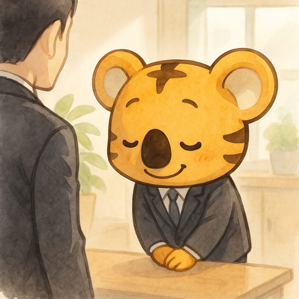 秋色さんがビジネスシーンで、相手に丁寧にお辞儀をしている、または握手をしているようなシーン。相手の顔は見えない。秋色さんの表情は誠実で、円満に話が進んだことがわかるような雰囲気。背景はオフィスの一室など。
