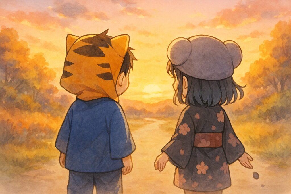 夕焼け空の下、並んで歩く大雅くんと心愛ちゃんの後ろ姿。以前よりも少し自信がついたような、晴れやかな雰囲気。二人で何か楽しそうに話している。心愛ちゃんが持っていた「断れない悩み」を象徴するような暗い色のアイテム(例えば小さな石ころとか)を、道端にそっと置く(手放す)しぐさがあり、それが1枚目の伏線回収になる。