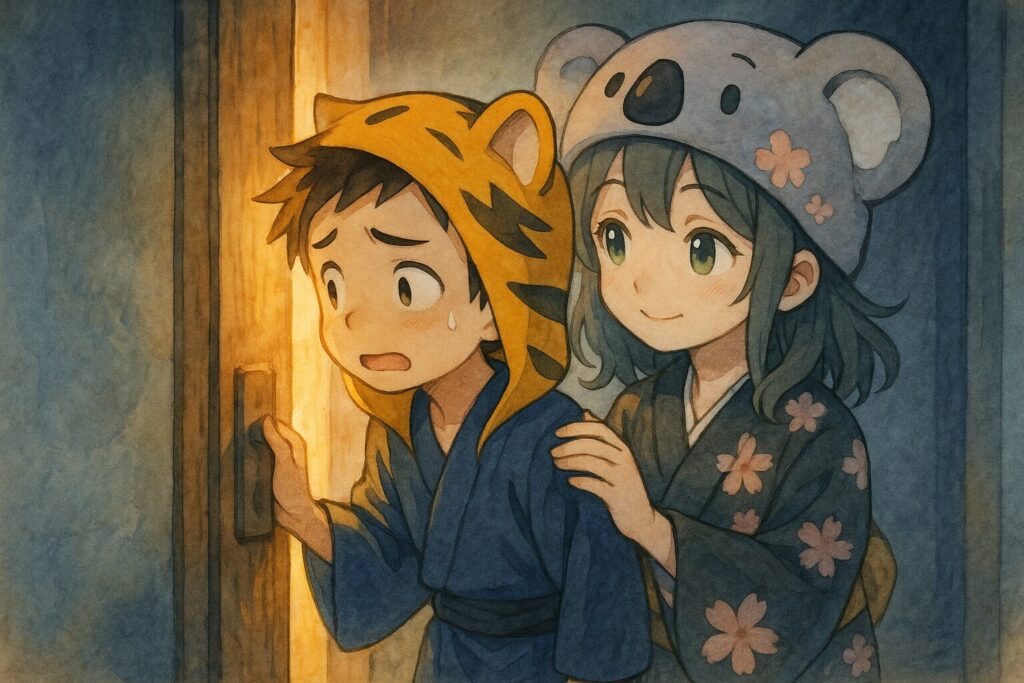少し不安そうな顔でサウナのドアの前に立つ大雅くんと、その横で「大丈夫かな?」と心配そうに見守る心愛ちゃん。背景は少し暗めだけど、ドアの隙間から暖かい光が漏れている感じ。