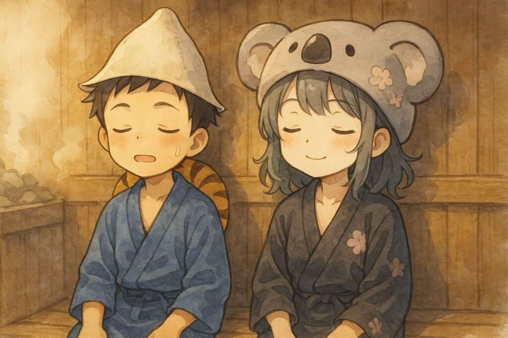 サウナ室で気持ちよさそうに目を閉じ、ほんのり汗をかいている大雅くん。心愛ちゃんも隣でリラックスした表情。柔らかいオレンジ色の光に包まれている。大雅くんの頭にはちょこんとサウナハット(まだ慣れてない感じ)