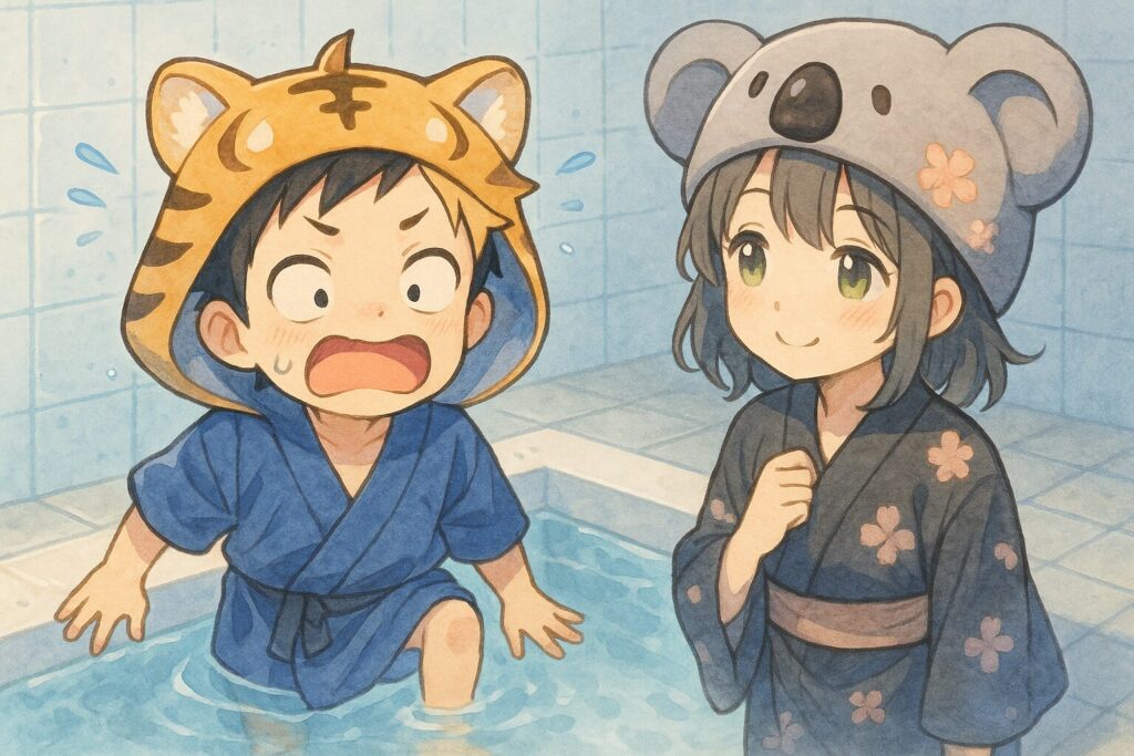 大雅くんが水風呂に「ひゃっ!」と驚いた表情で足を入れている瞬間。心愛ちゃんが隣でちょっと面白そうに見ている。水風呂の冷たさをコミカルに表現しつつ、爽快感も予感させる青みがかったクリアな色調。