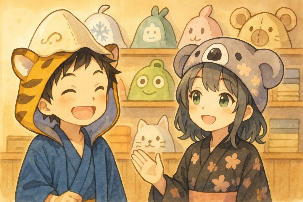 様々なデザインのサウナハットを前に、どれにしようか楽しそうに選んでいる大雅くんと心愛ちゃん。背景は明るくポップな雰囲気。大雅くんは2で被っていたものとは違う、お気に入りのハットを見つけたような表情。