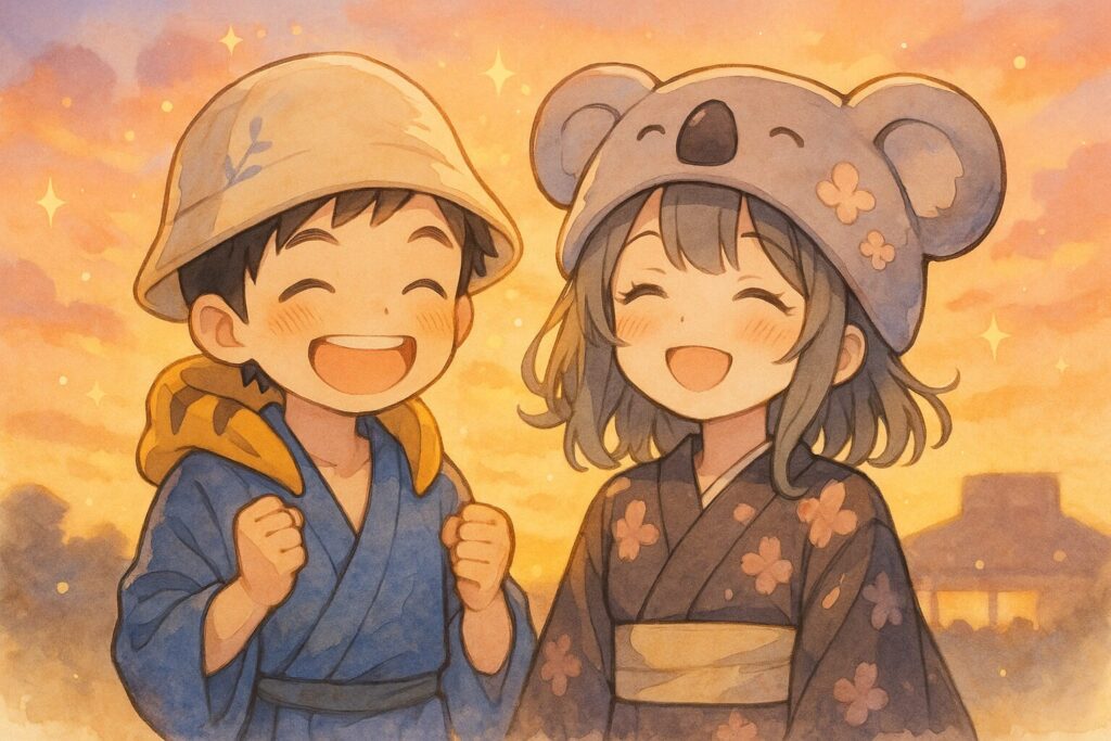 外気浴スペースで、夕焼け空の下、目を閉じて最高の笑顔で「ととのったー!」という表情の大雅くんと心愛ちゃん。二人ともお揃いのサウナハットを被っている。柔らかく温かい光に包まれ、キラキラしたエフェクトも少し。背景には小さくサウナ施設のシルエット。モチーフだった「光」が二人を包み込んでいるイメージ。