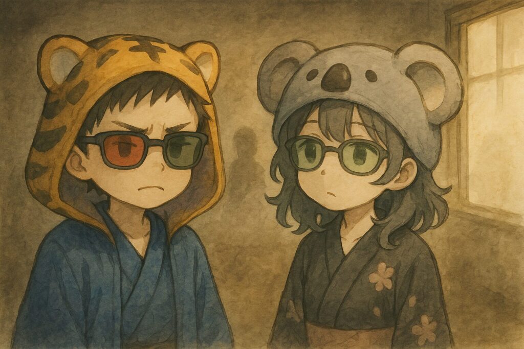 大雅くんと心愛ちゃんが、ぼんやりとした何か(人のシルエットや出来事など)を、それぞれ異なる色のついたサングラス越しに見ているようなイメージ。少し困惑した表情や、見え方の違いに気づいていない様子。
