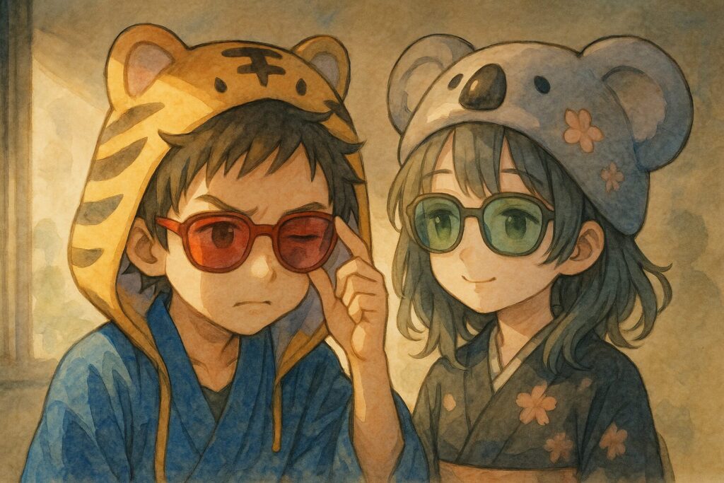 大雅くんが、かけていた色付きサングラスを少し持ち上げて、直接対象物を見ようとしている。心愛ちゃんも隣で興味深そうにその様子を見守る。対象物はまだハッキリとは見えないが、以前よりクリアに見え始めている感じ。