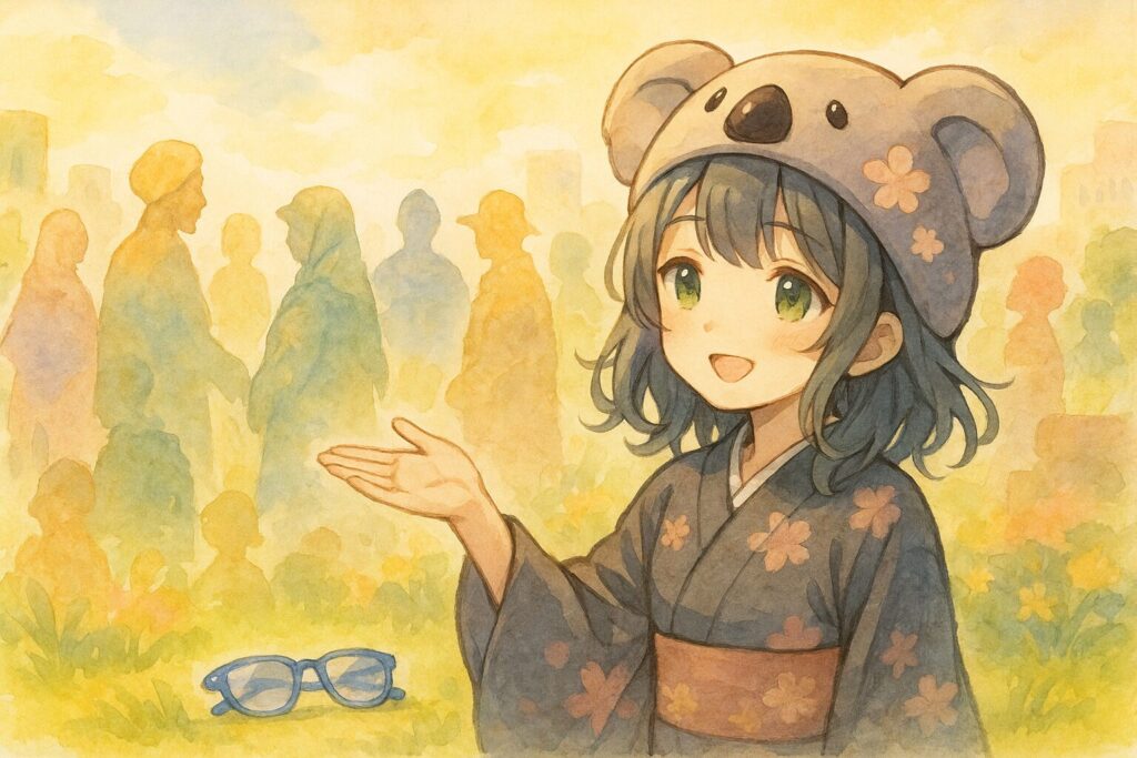 心愛ちゃんが、以前とは違う様々な背景を持つ人々と笑顔で話している。彼女が持っていたサングラスは外れていて、足元に置かれているか、色がかなり薄くなっている。
