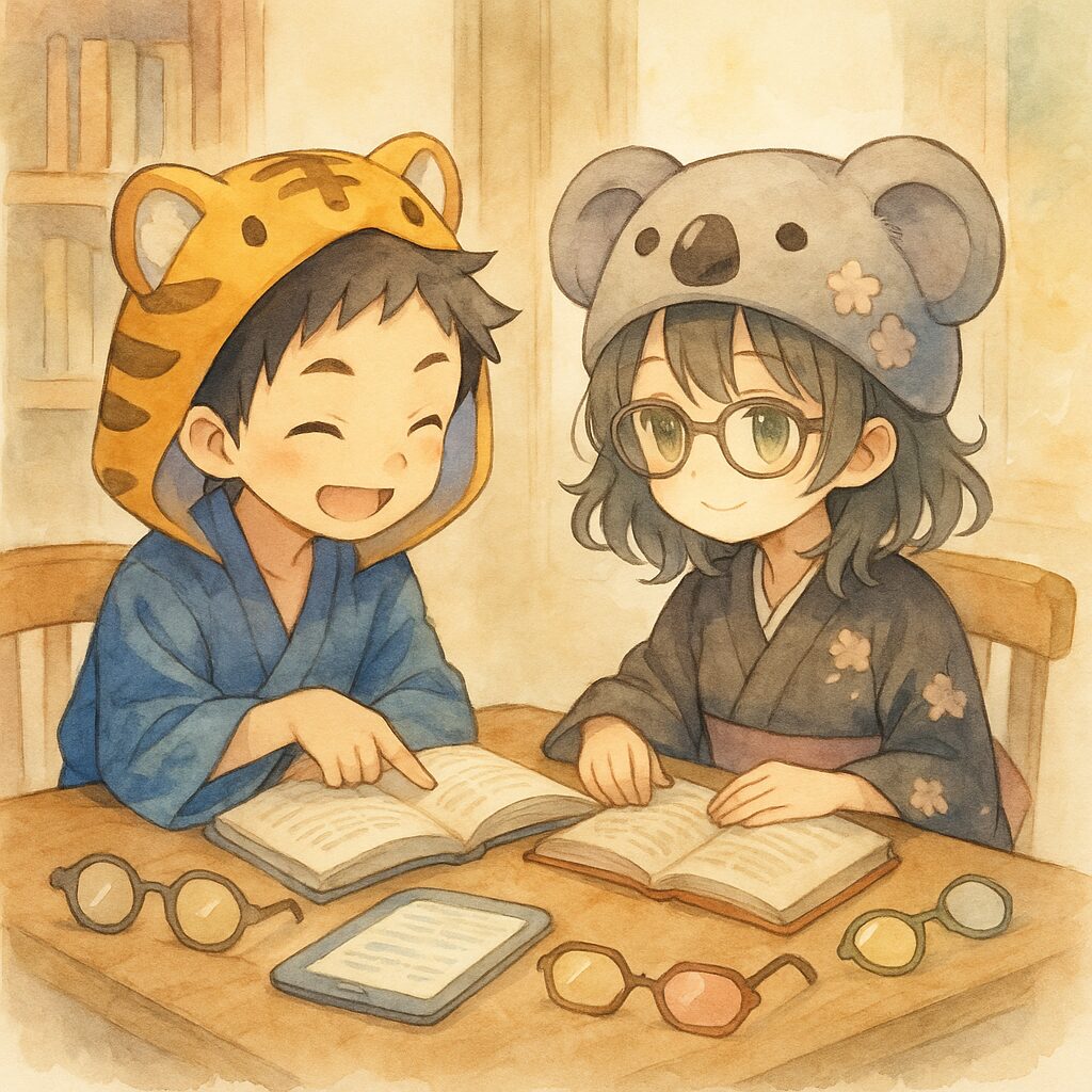 大雅くんと心愛ちゃんが、色々な本を読んだり、タブレットで情報を検索したり、二人で話し合ったりしている。彼らの周りには、様々な色だったサングラスが、今は透明に近いものや、様々な形をしたレンズ(多様な視点の象徴)に変わって置かれている。