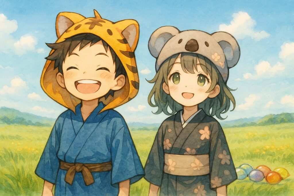 大雅くんと心愛ちゃんが、晴れやかな表情で前を向いている。彼らの後ろには、様々な色や形をしていたサングラスやフィルターが、今は全て透明になって虹色に輝いているか、もしくは全く無くなっている。背景はクリアで明るい世界が広がっている。